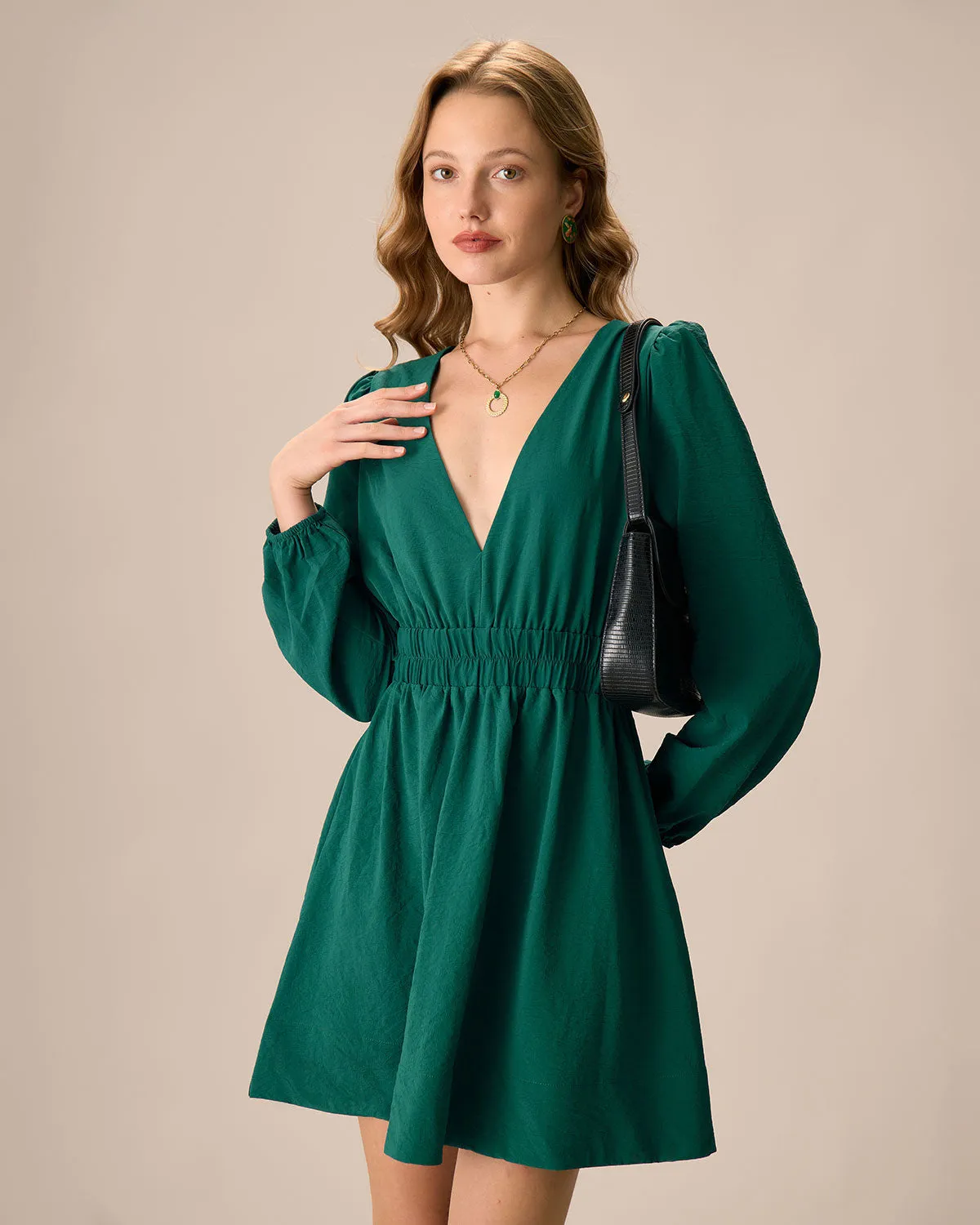 Women's Green Ruched Long Sleeve Mini Dress sold by rihoas
