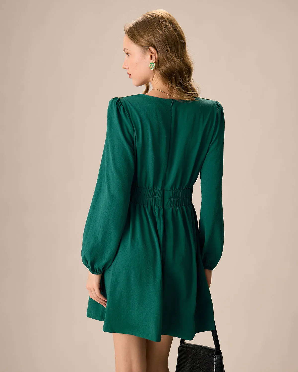 Women's Green Ruched Long Sleeve Mini Dress sold by rihoas product image thumbnail 5