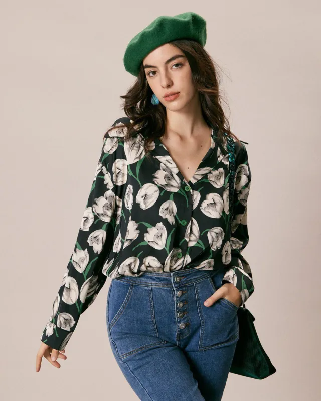 The Black Lapel Floral Print Button Up Shirt sold by rihoas