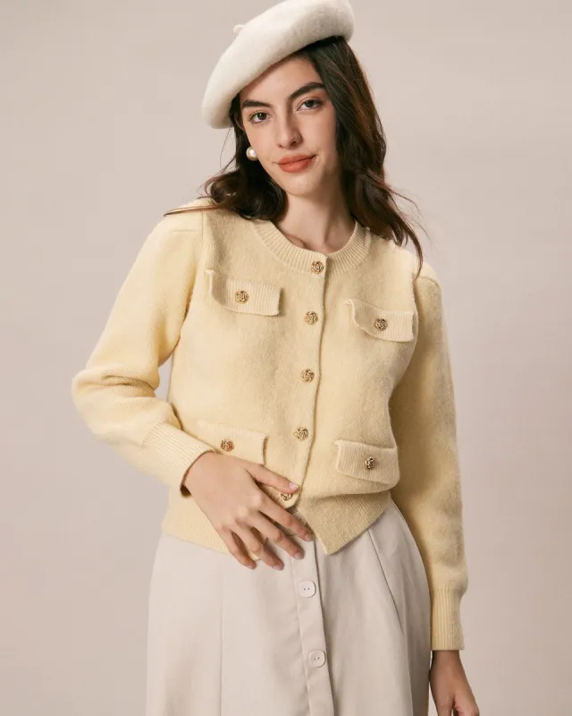 The Yellow Round Neck Ribbed Knit Cardigan sold by rihoas
