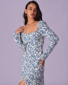 The Blue Square Neck Floral Slit Midi Dress sold by rihoas