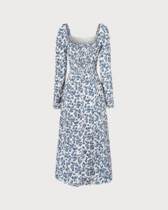 The Blue Square Neck Floral Slit Midi Dress sold by rihoas