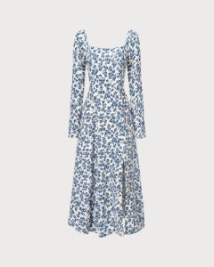 The Blue Square Neck Floral Slit Midi Dress sold by rihoas
