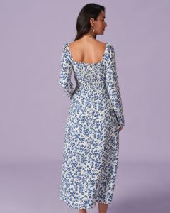 The Blue Square Neck Floral Slit Midi Dress sold by rihoas