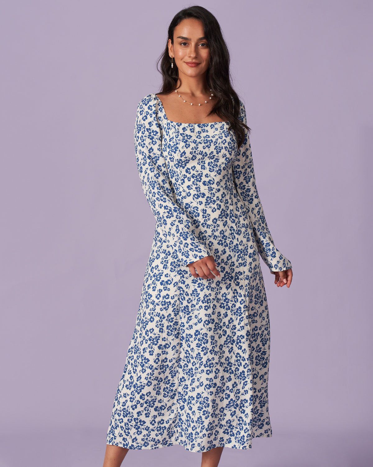 The Blue Square Neck Floral Slit Midi Dress sold by rihoas product image thumbnail 3