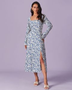 The Blue Square Neck Floral Slit Midi Dress sold by rihoas