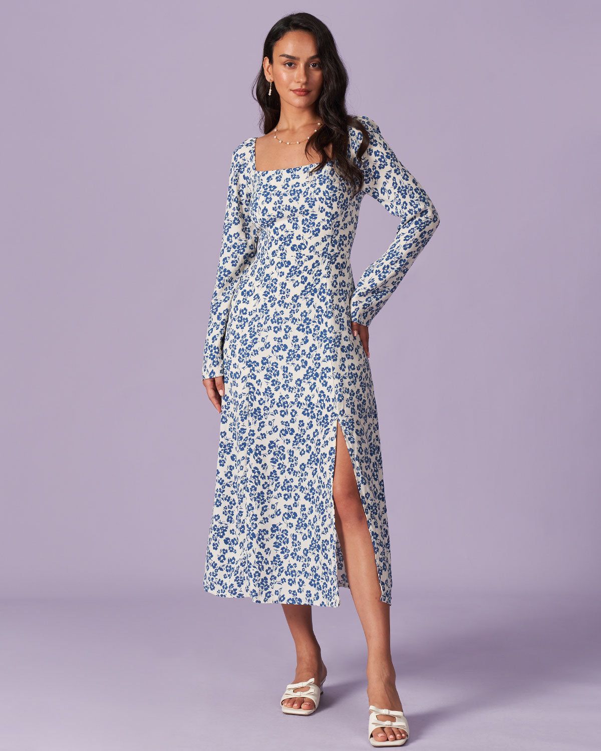 The Blue Square Neck Floral Slit Midi Dress sold by rihoas product image thumbnail 4