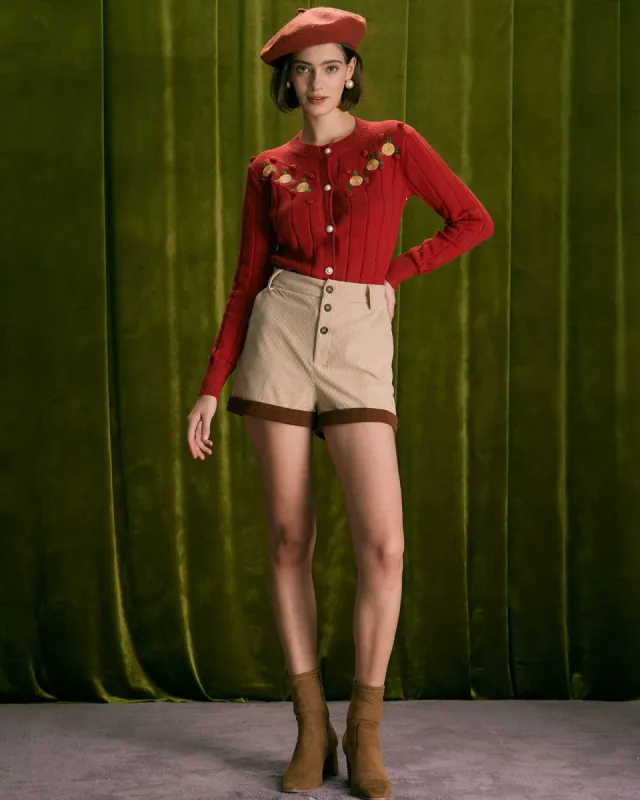 The Brick Red Floral Embroidered Cardigan sold by rihoas
