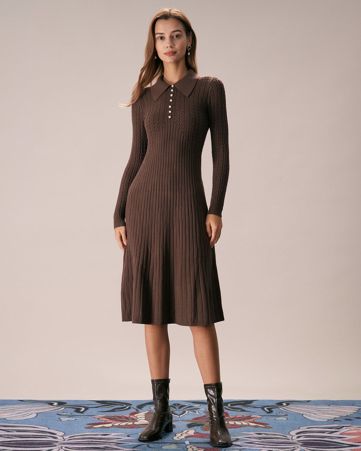 The Coffee Lapel A-Hem Sweater Midi Dress sold by rihoas product image thumbnail 4