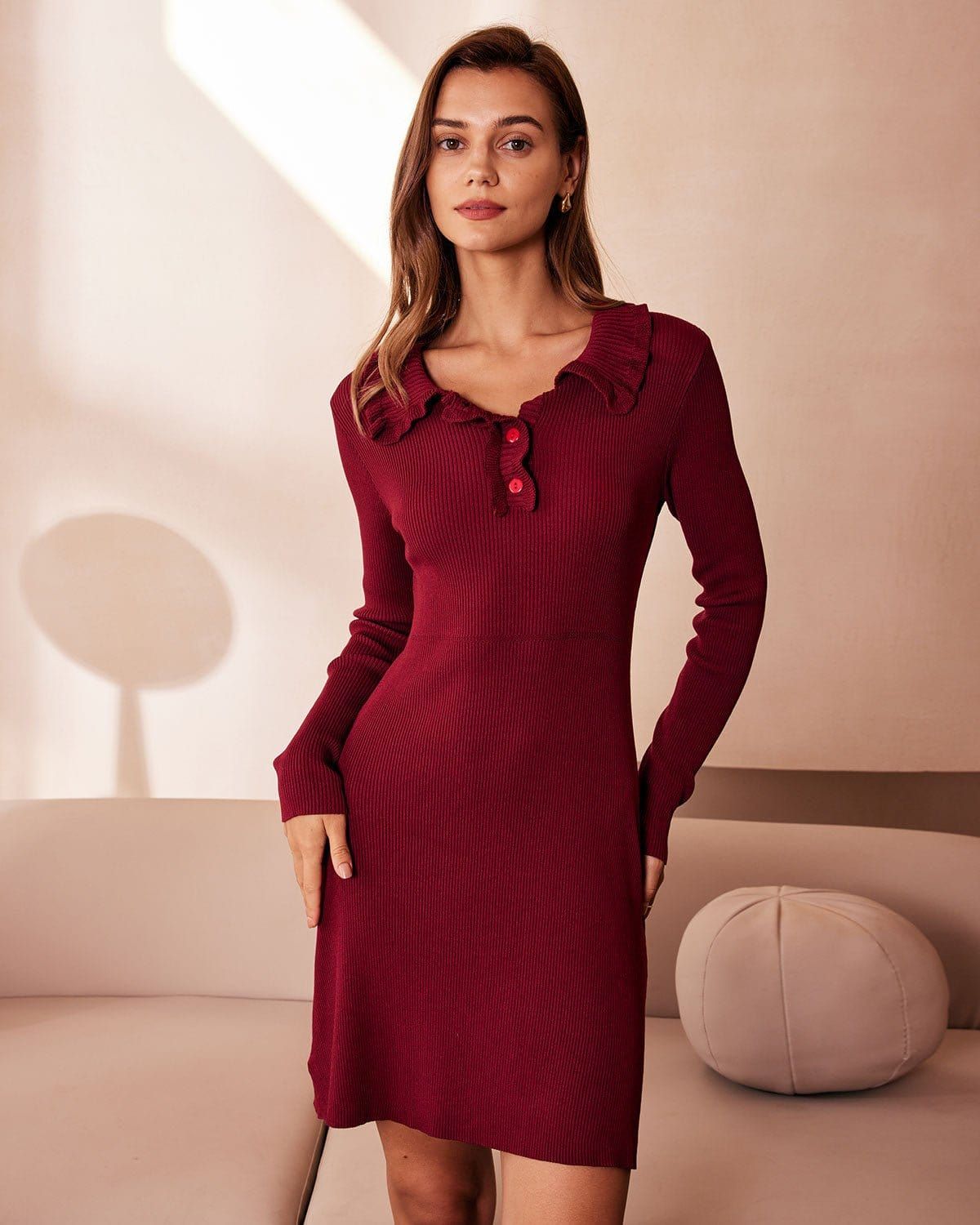 The Wine Red Lapel Ruched Knit Mini Dress sold by rihoas