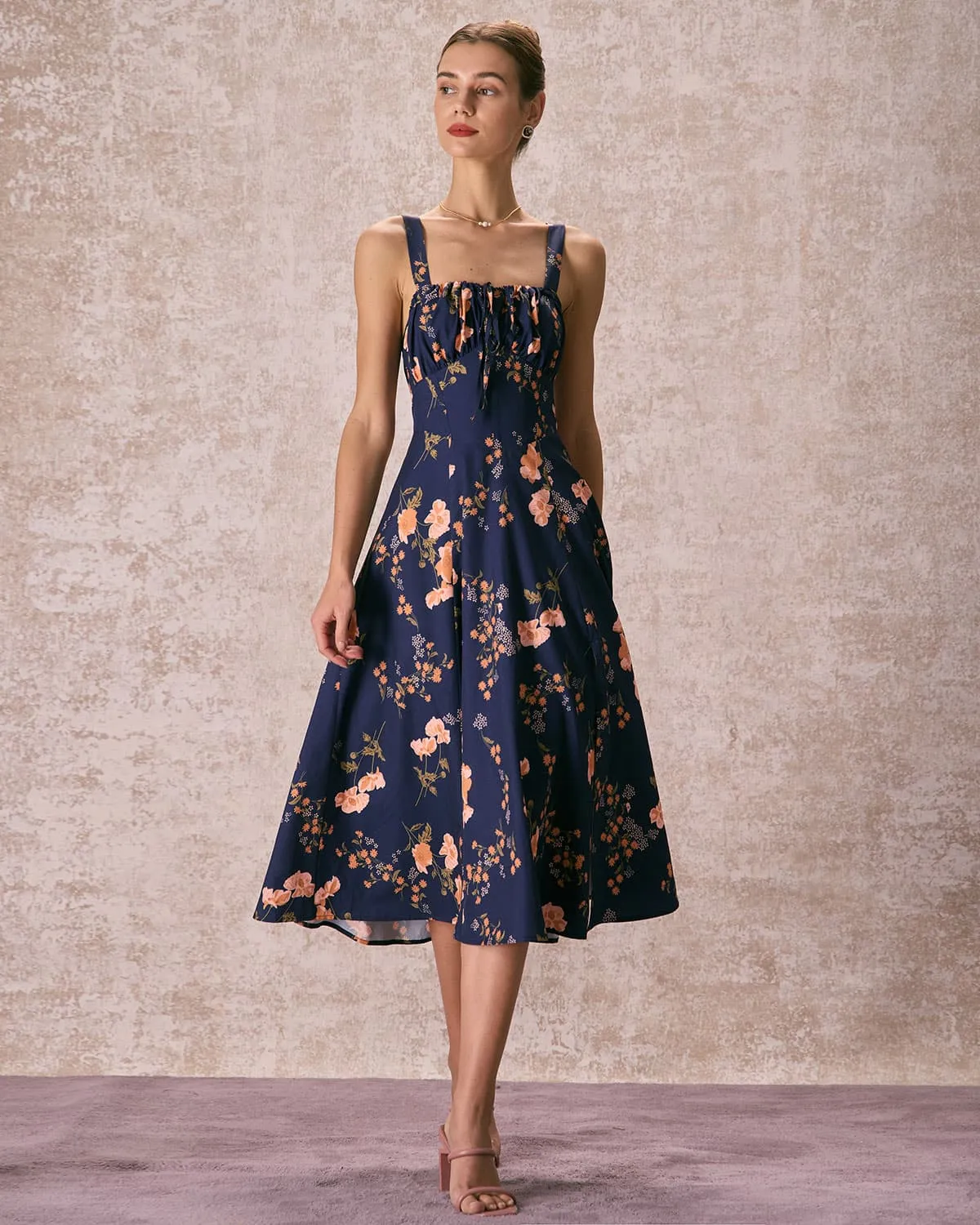 The Navy Lace Up Floral Ruched Midi Dress sold by rihoas product image thumbnail 4