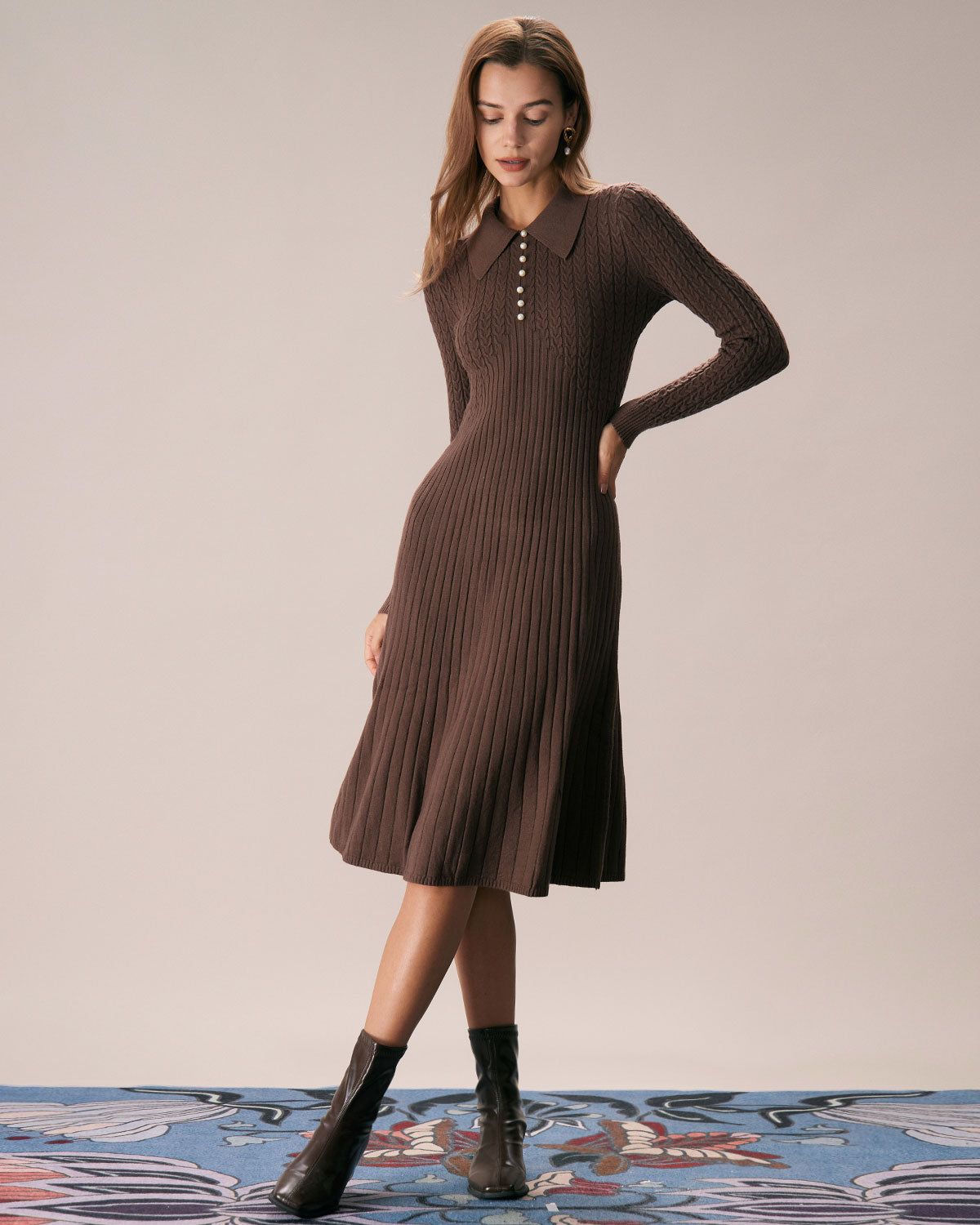 The Coffee Lapel A-Hem Sweater Midi Dress sold by rihoas