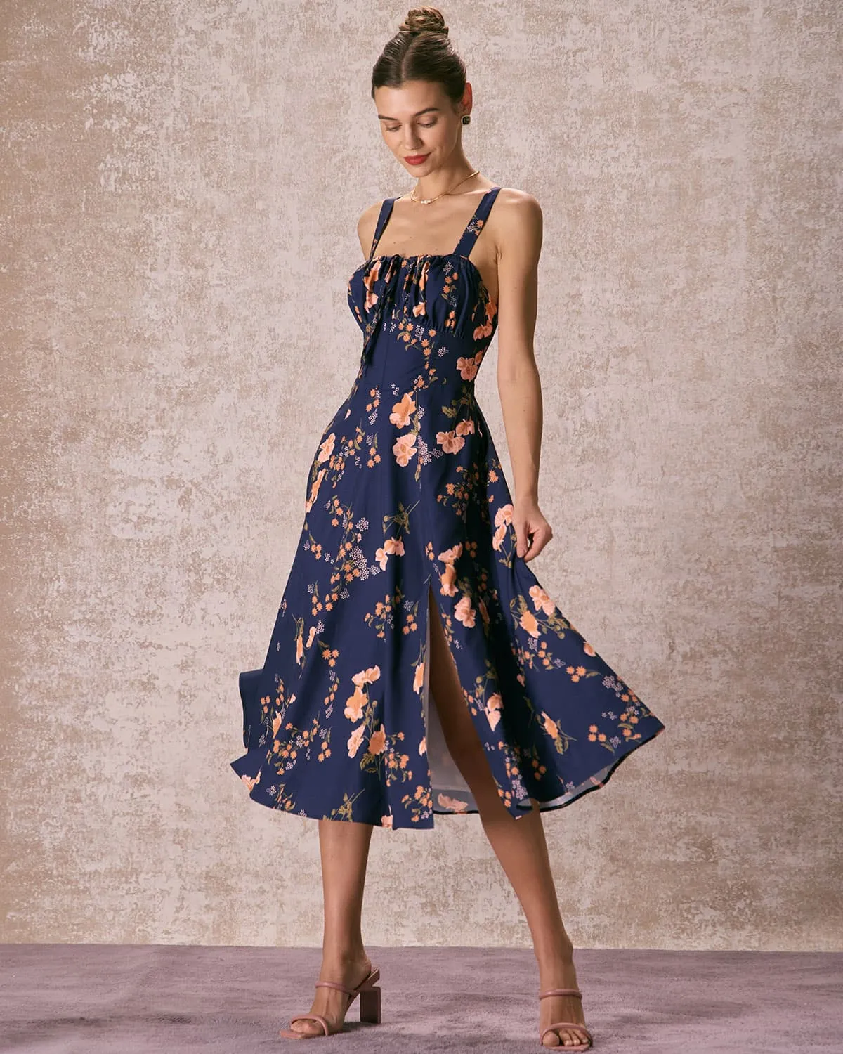 The Navy Lace Up Floral Ruched Midi Dress sold by rihoas product image thumbnail 3