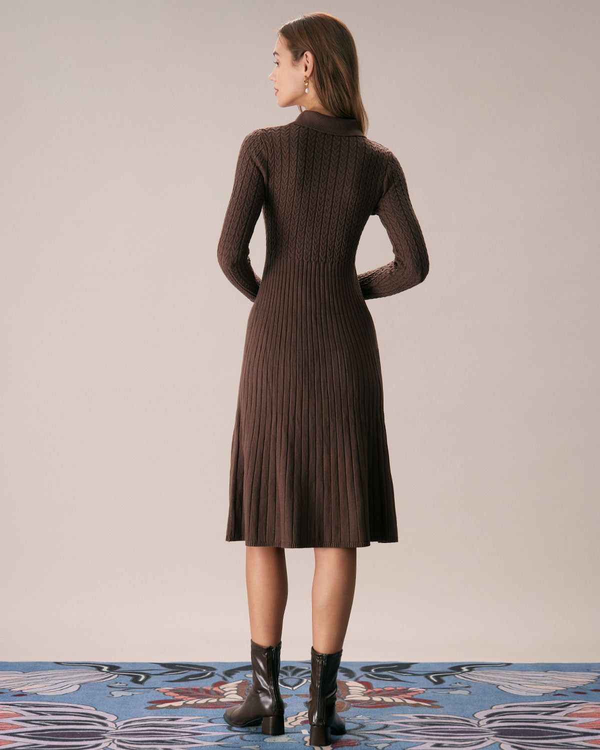 The Coffee Lapel A-Hem Sweater Midi Dress sold by rihoas product image thumbnail 5
