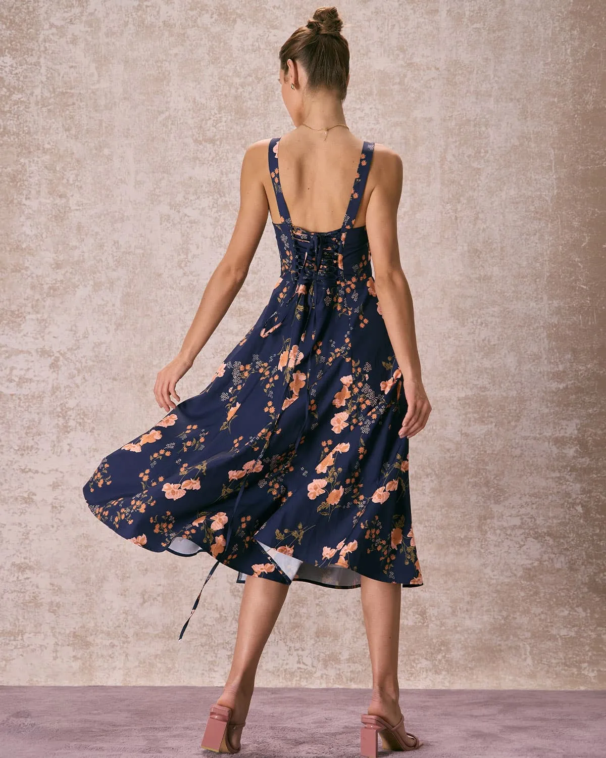 The Navy Lace Up Floral Ruched Midi Dress sold by rihoas product image thumbnail 5