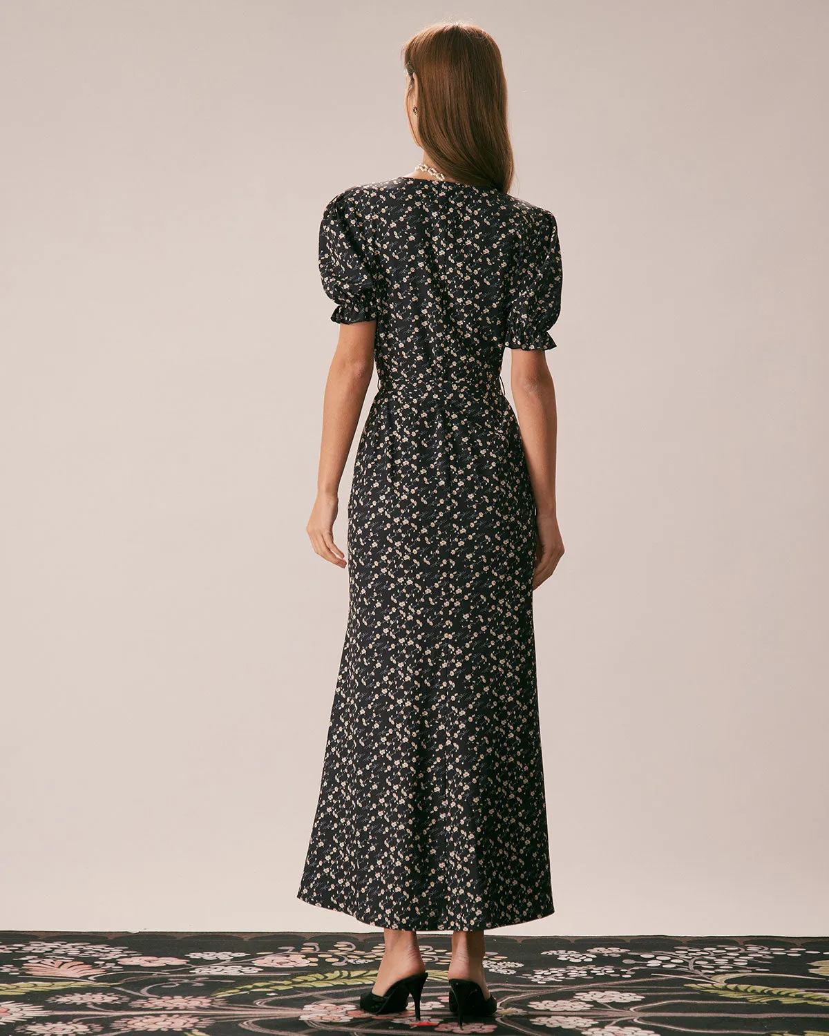 The Black V Neck Floral Puff Sleeve Maxi Dress sold by rihoas product image thumbnail 5