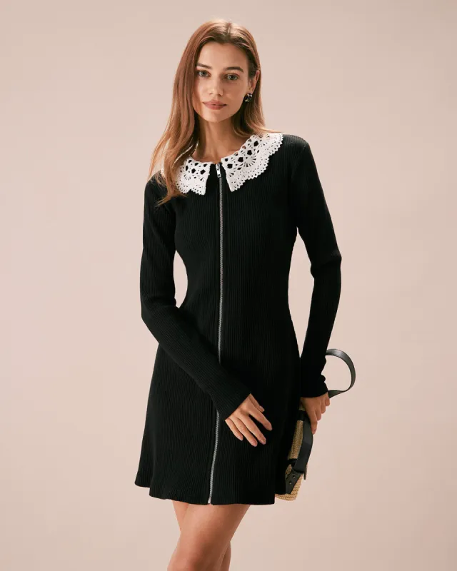 The Black Lace Collar Ribbed Mini Dress sold by rihoas
