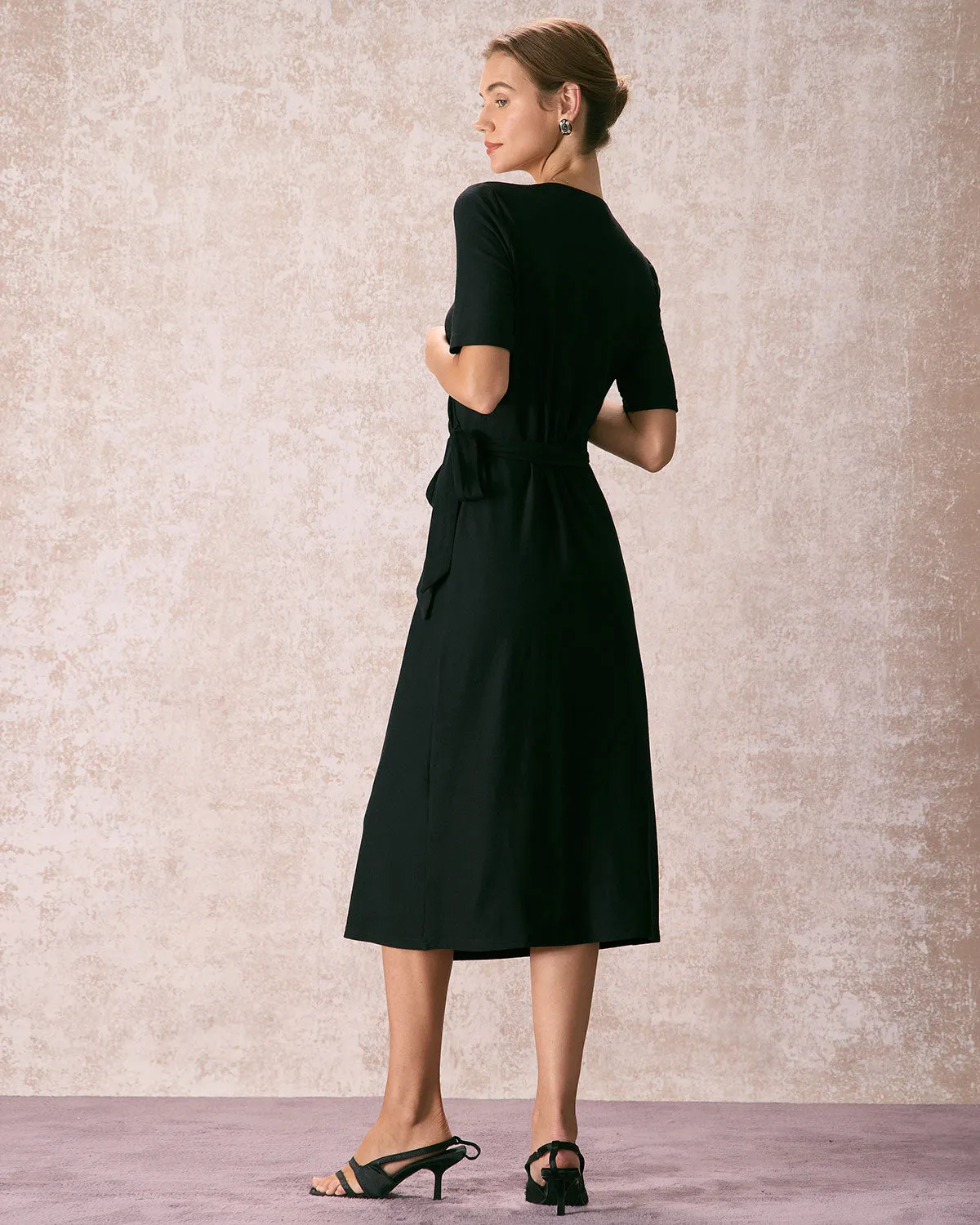 The Black V Neck Tie Waist Wrap Midi Dress sold by rihoas product image thumbnail 5