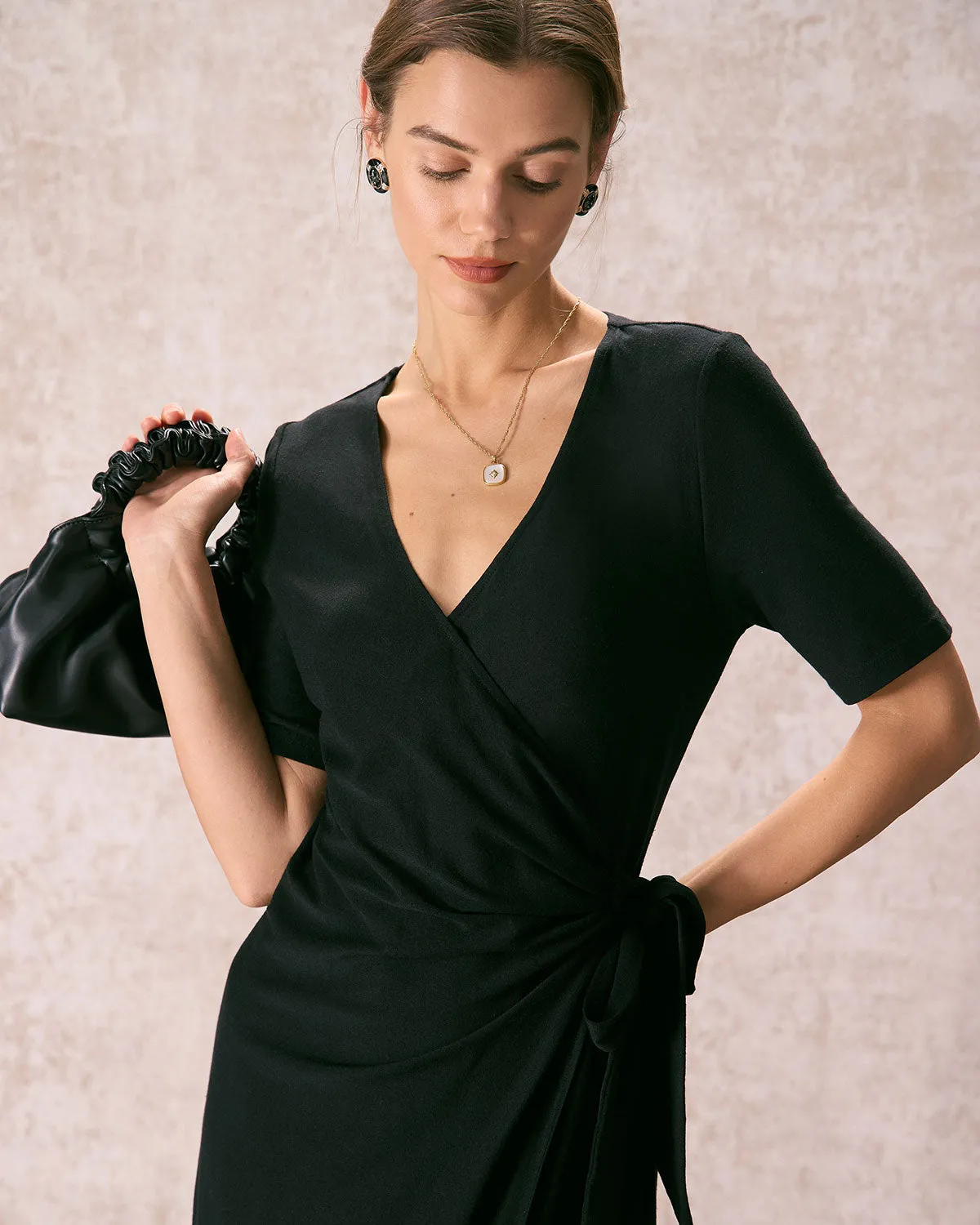 The Black V Neck Tie Waist Wrap Midi Dress sold by rihoas product image thumbnail 3