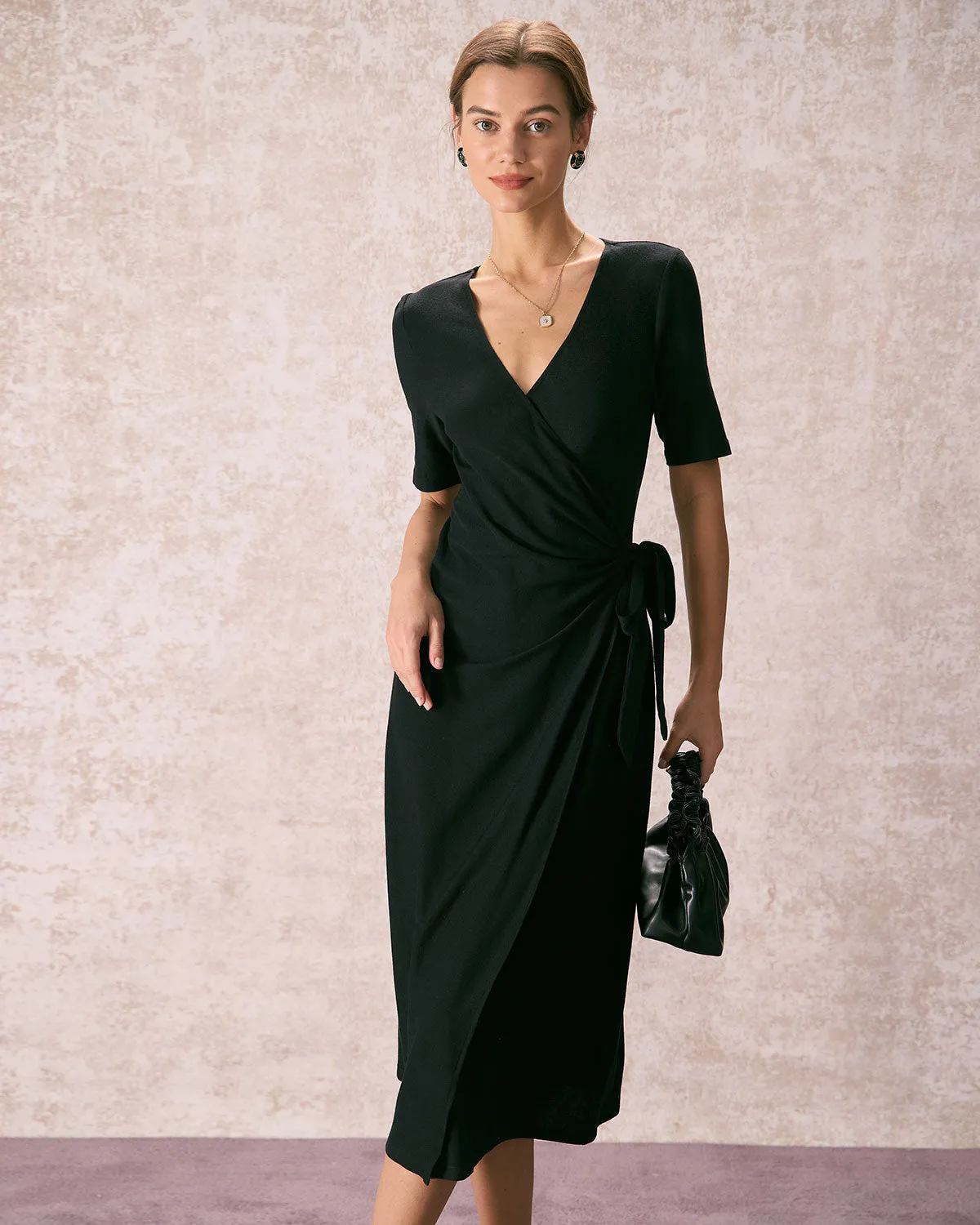 The Black V Neck Tie Waist Wrap Midi Dress sold by rihoas product image thumbnail 2