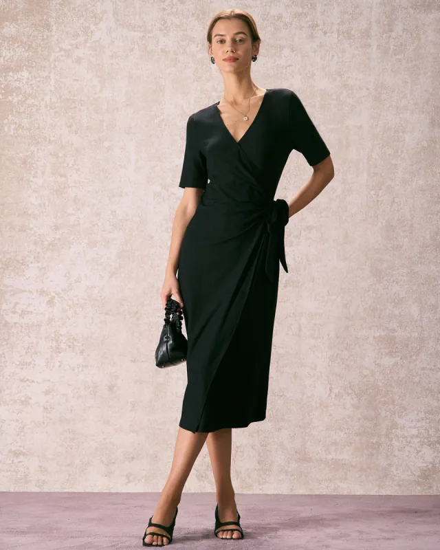 The Black V Neck Tie Waist Wrap Midi Dress sold by rihoas