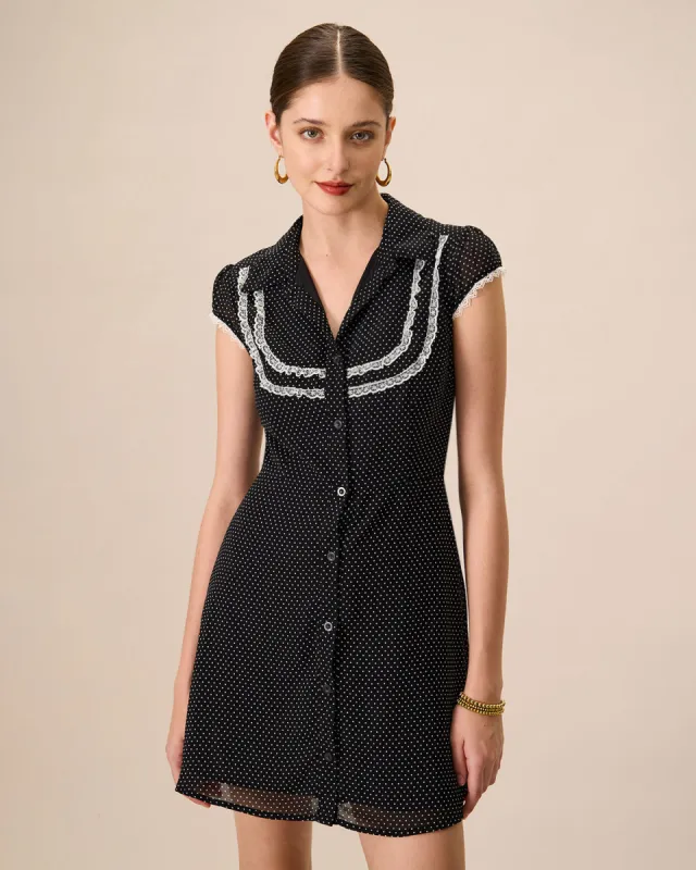 Women's Black Collared Polka Dot Mini Dress sold by rihoas