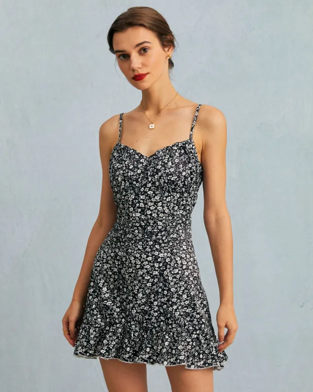 The Black Floral Ruffle Hem Slip Mini Dress sold by rihoas