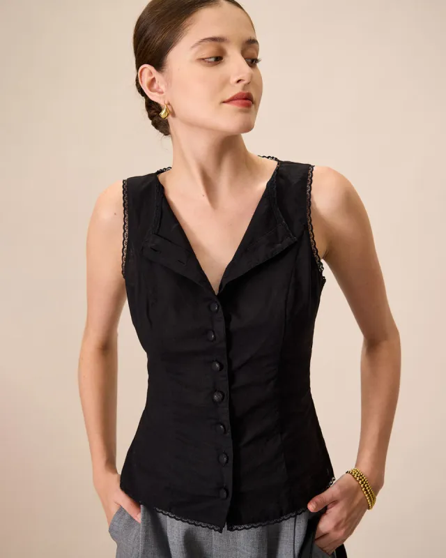 Women's Black Boat Neck Cotton Linen Vest sold by rihoas