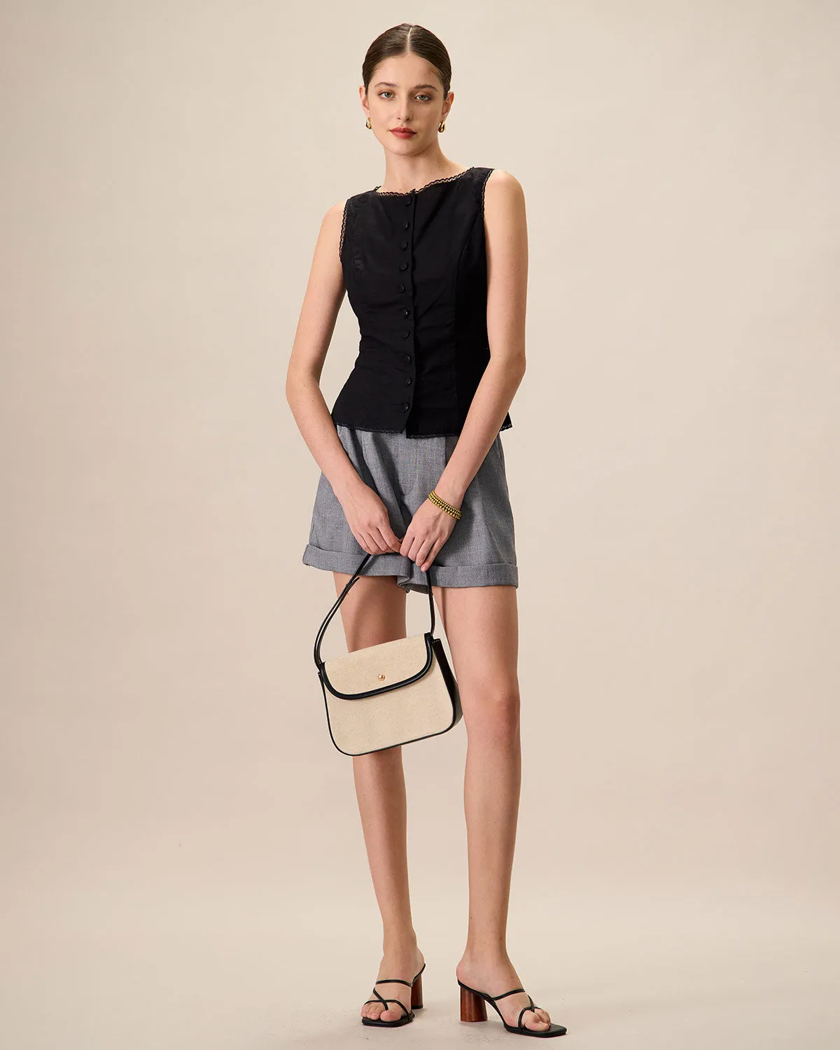 Women's Black Boat Neck Cotton Linen Vest sold by rihoas product image thumbnail 4