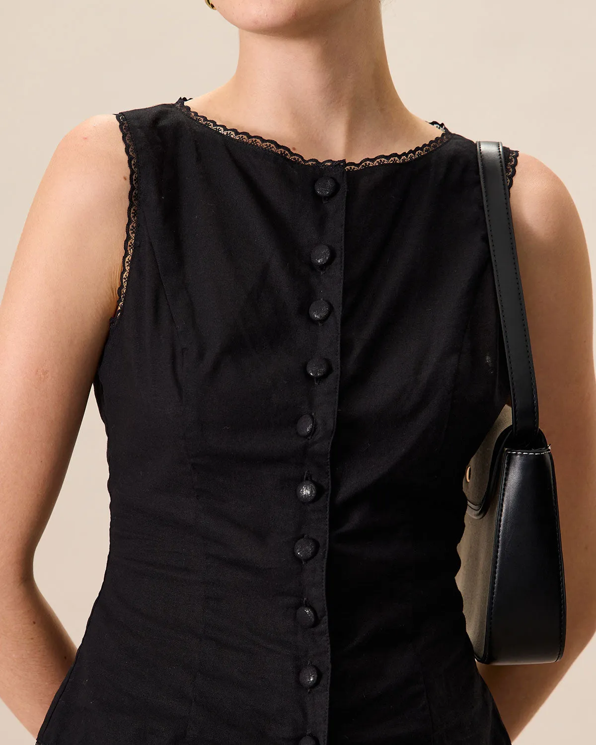Women's Black Boat Neck Cotton Linen Vest sold by rihoas product image thumbnail 3