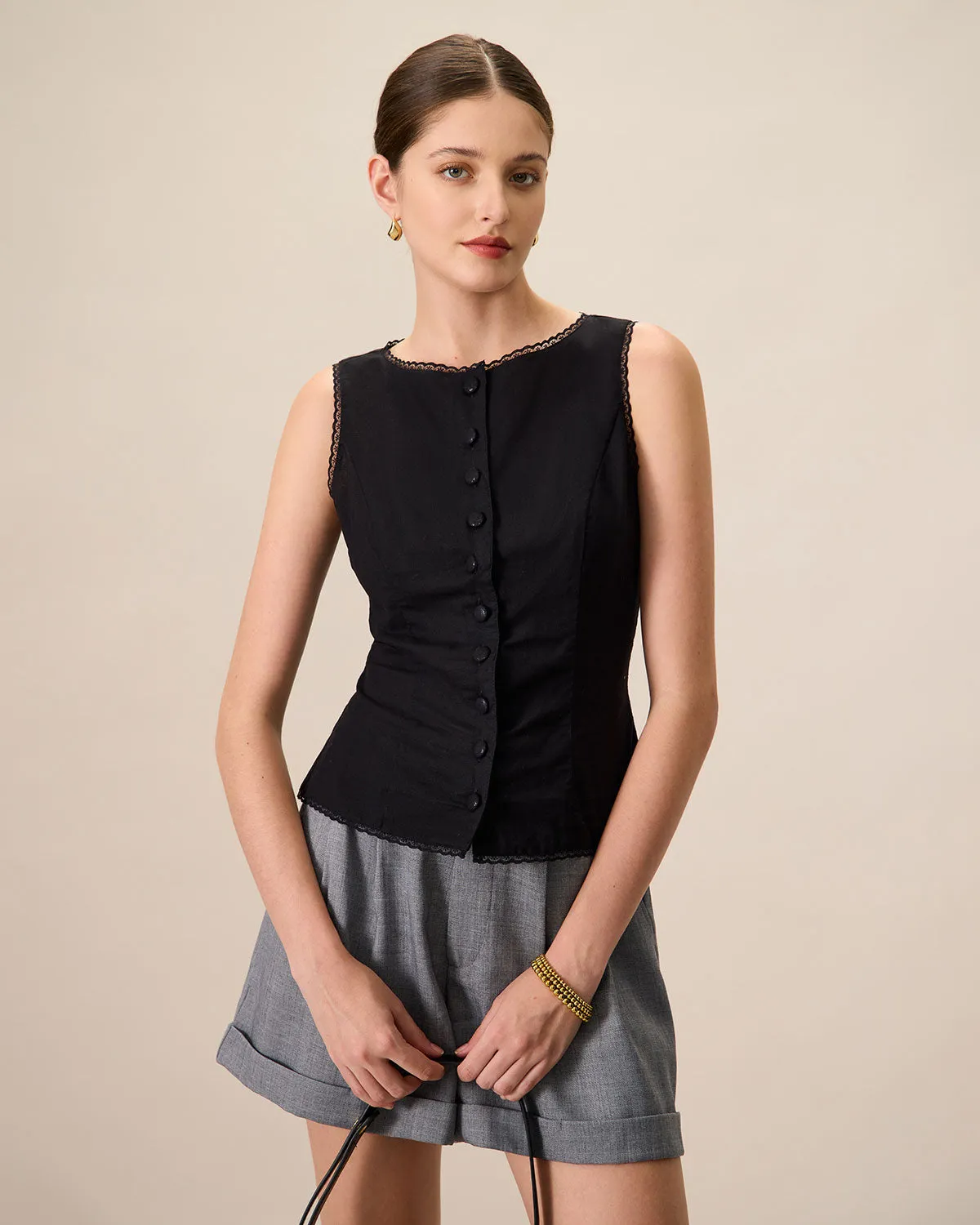 Women's Black Boat Neck Cotton Linen Vest sold by rihoas product image thumbnail 2