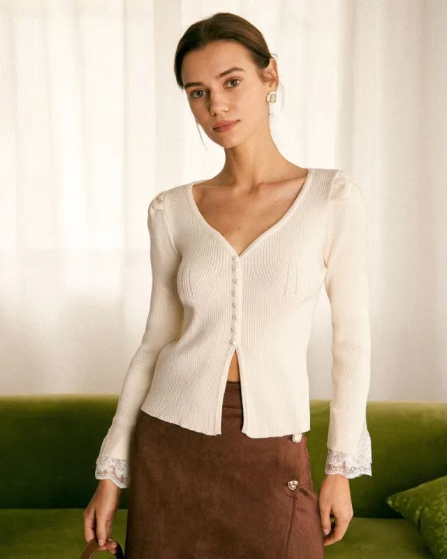 The Apricot V-Neck Lace Trim Pearl Button Cardigan sold by rihoas