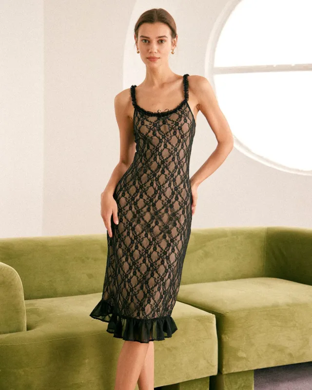 The Black Lace Trim Bodycon Sling Midi Dress sold by rihoas