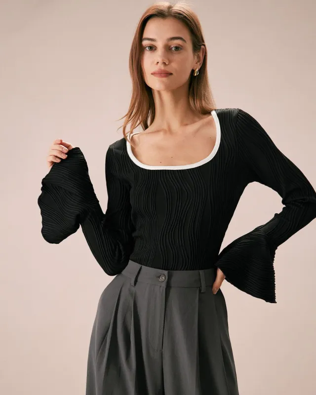 The Black U Neck Water Ripple Flare Sleeve Tee made by rihoas