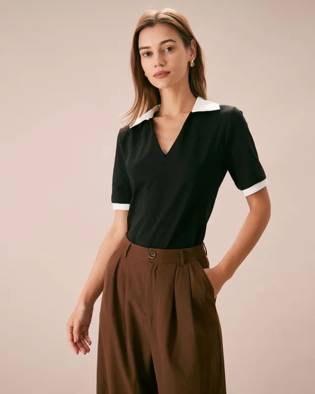 The Black V Neck Colorblock Short Sleeve Tee sold by rihoas