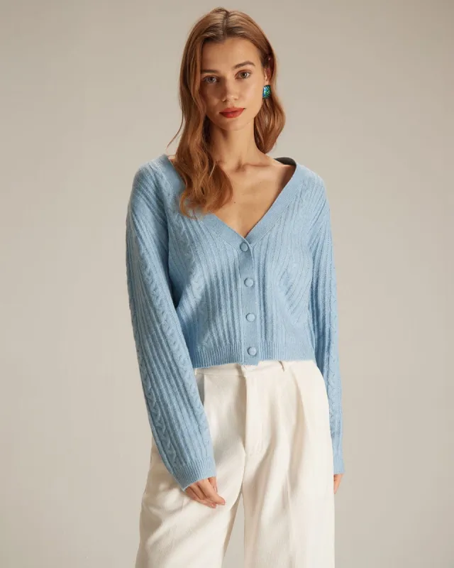 The Blue V Neck Ribbed Button Cable Cardigan sold by rihoas