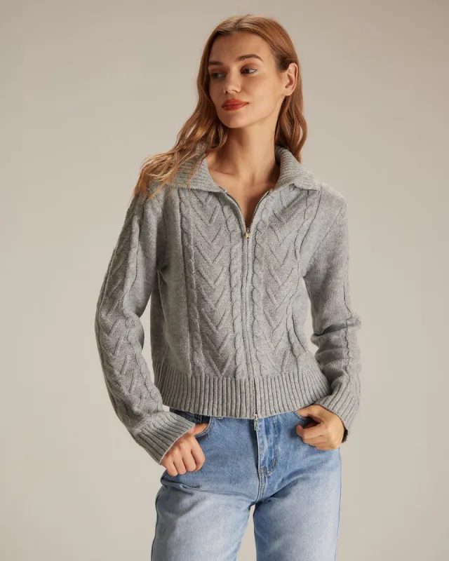 The Grey V Neck Long Sleeve Cable Cardigan sold by rihoas