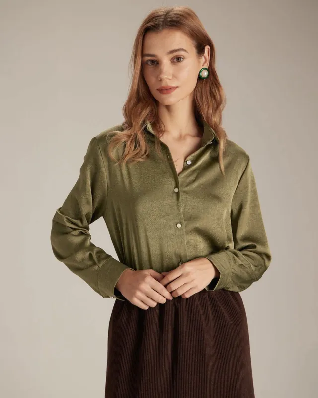 The Green Button Up Satin Long Sleeve Shirt sold by rihoas