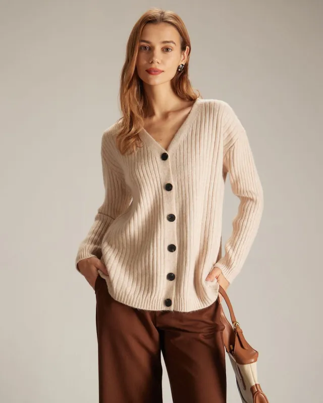 The Khaki V Neck Button-Down Knit Cardigan sold by rihoas