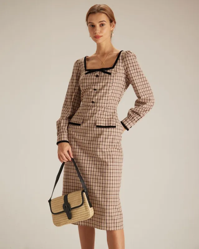 The Brown Square Neck Plaid Slit Midi Dress sold by rihoas