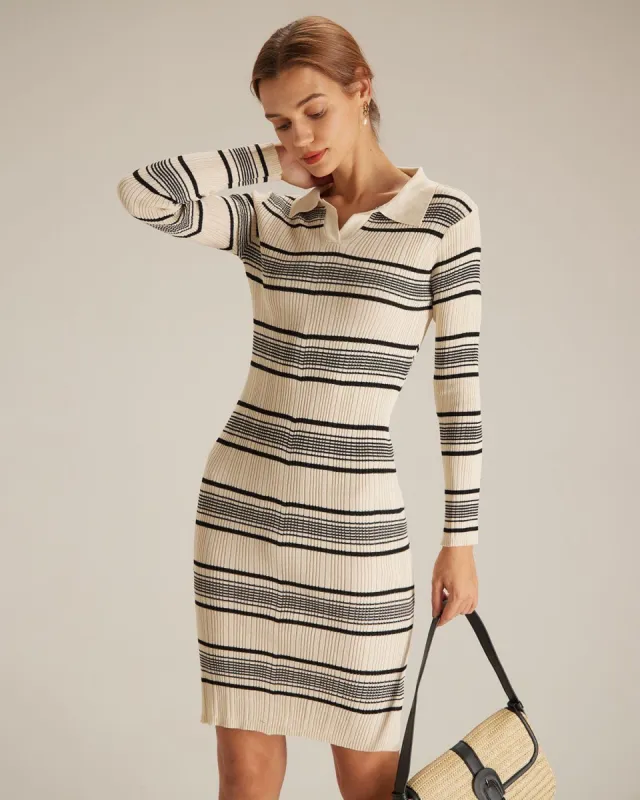 The Beige Lapel Stripe Sweater Midi Dress sold by rihoas