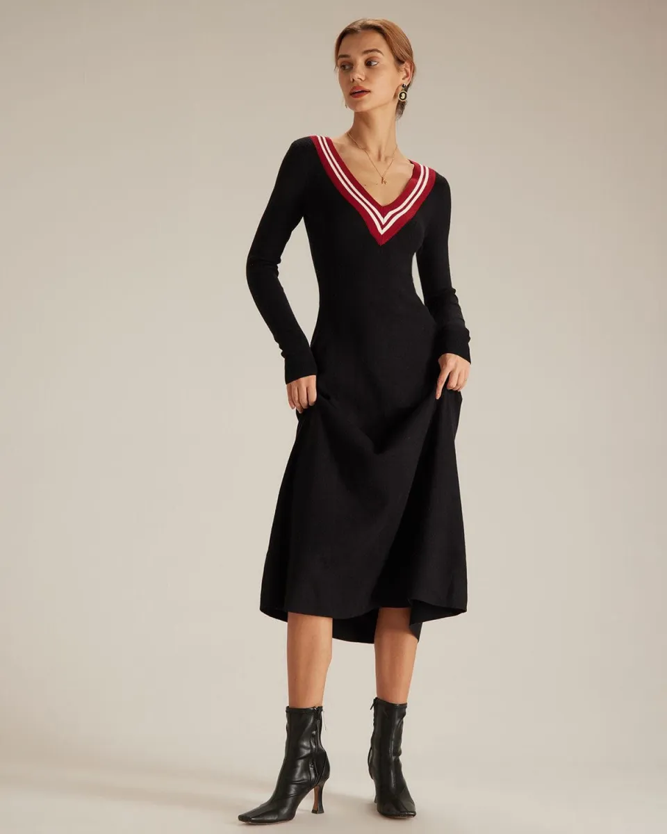V-Neck Contrast Trim Belted Sweater Dress