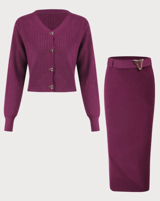 The Purple V Neck Knit Two-Piece Skirt Set sold by rihoas
