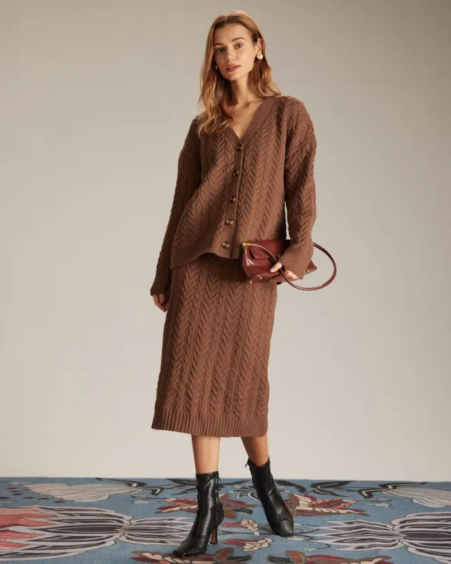 The Coffee V Neck Button Woolen Skirt Set sold by rihoas