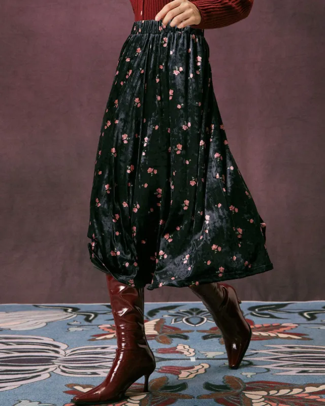The Black Elastic Waist Floral Velvet Midi Skirt sold by rihoas