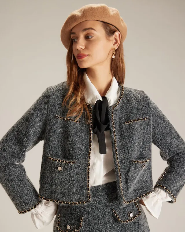 The Grey Crew Neck Spliced Woolen Jacket sold by rihoas