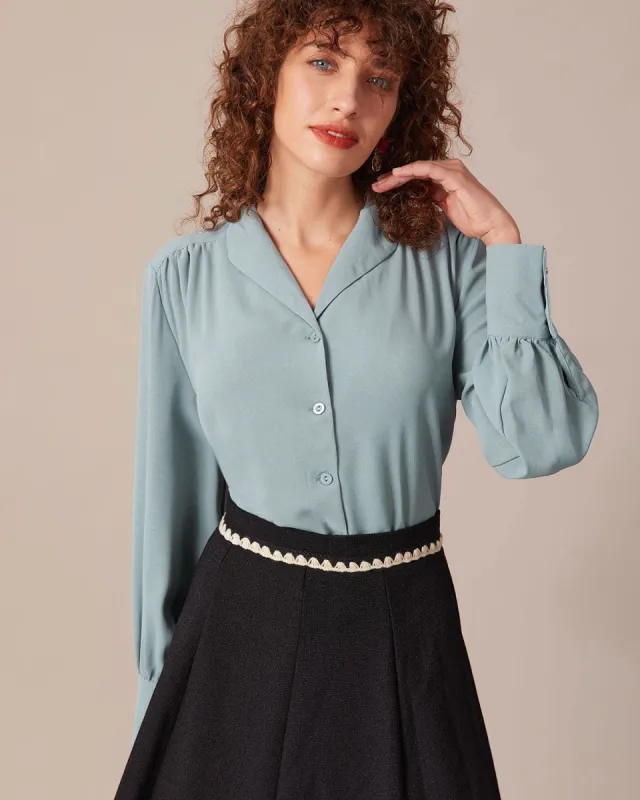 The Blue Lapel Ruched Long Sleeve Blouse sold by rihoas