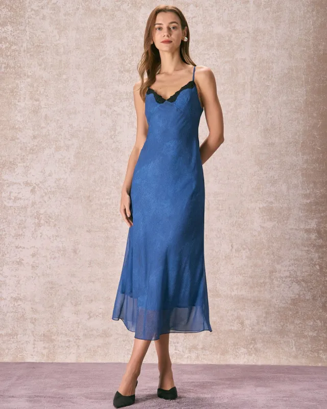 The Blue V Neck Lace Trim Maxi Dress sold by rihoas