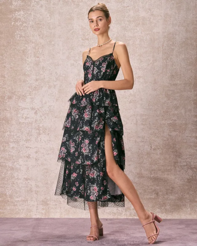 The Black Floral Slit Tiered Maxi Dress sold by rihoas