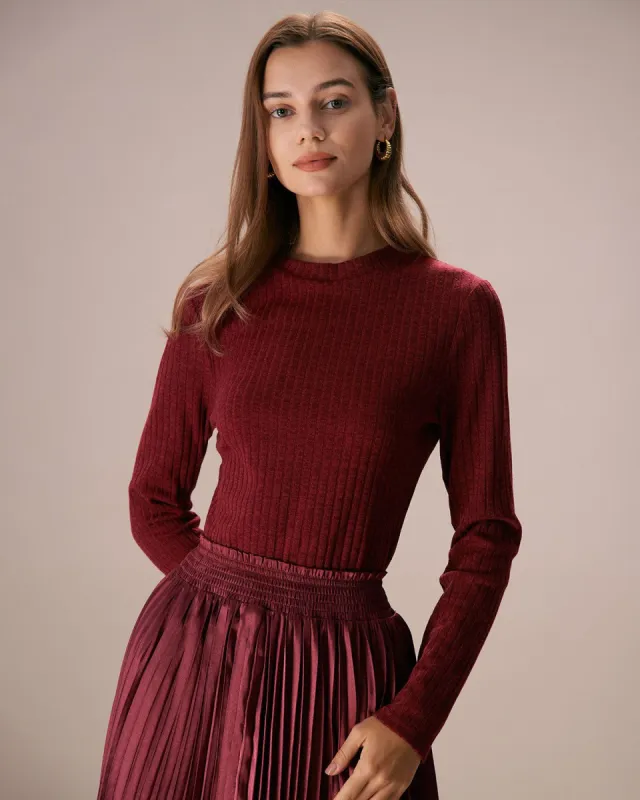 The Wine Red Round Neck Ribbed Tee sold by rihoas